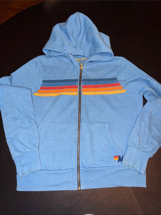 Aviator Nation Tops - Aviator Nation Light Blue Zip Hoodie with Navy, Red & Yellow Stripes